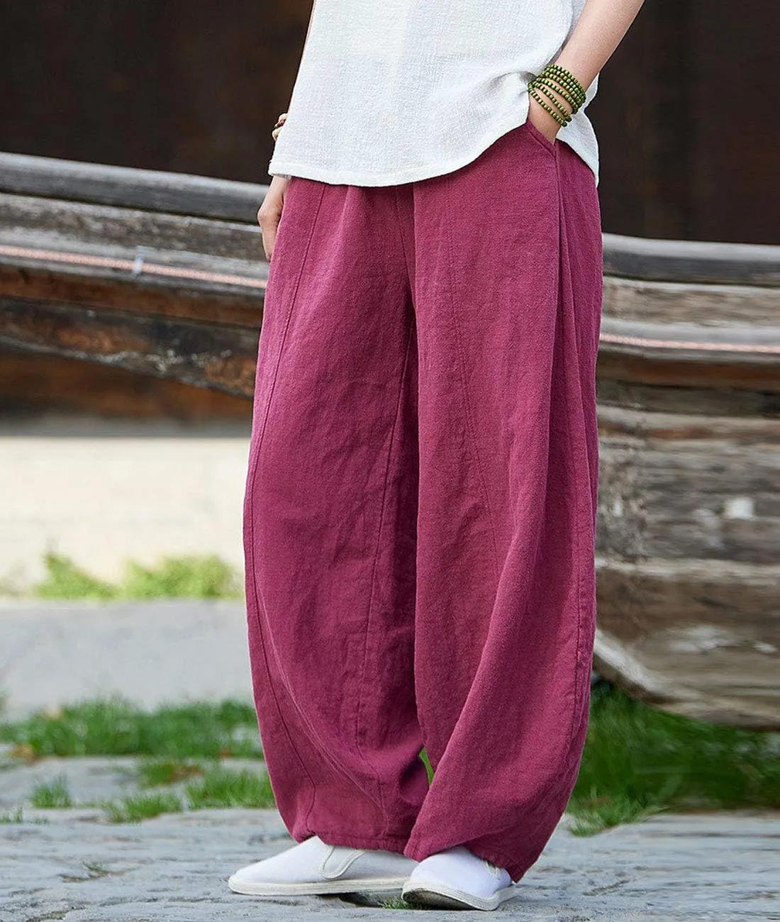 IXIMO Women's Casual Cotton Linen Baggy Pants with Elastic Waist Relax Fit Lantern Trouser