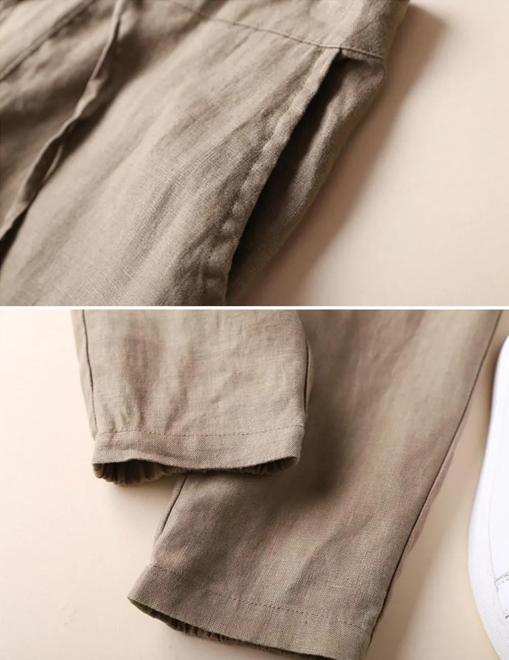 IXIMO Women's Tapered Pants 100% Linen Drawstring Back Elastic Waist Ankle Length Pants