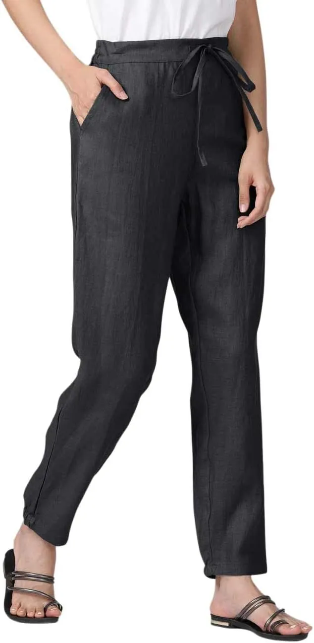 IXIMO Women's Tapered Pants 100% Linen Drawstring Back Elastic Waist Ankle Length Pants