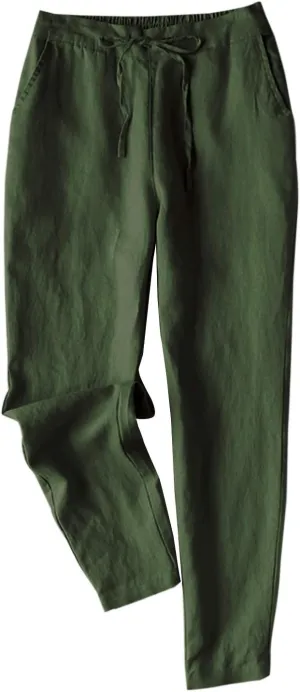 IXIMO Women's Tapered Pants 100% Linen Drawstring Back Elastic Waist Ankle Length Pants