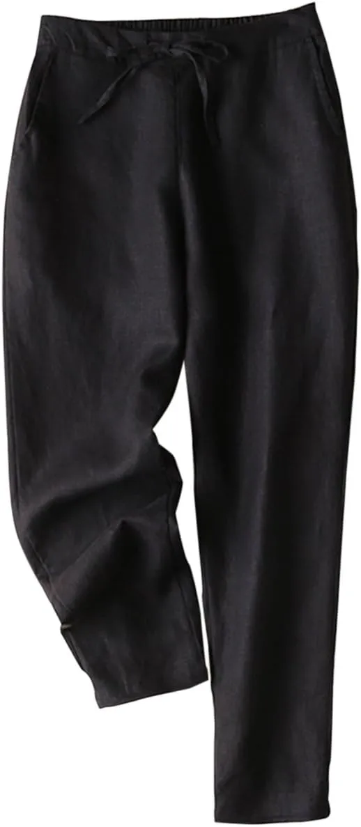IXIMO Women's Tapered Pants 100% Linen Drawstring Back Elastic Waist Ankle Length Pants