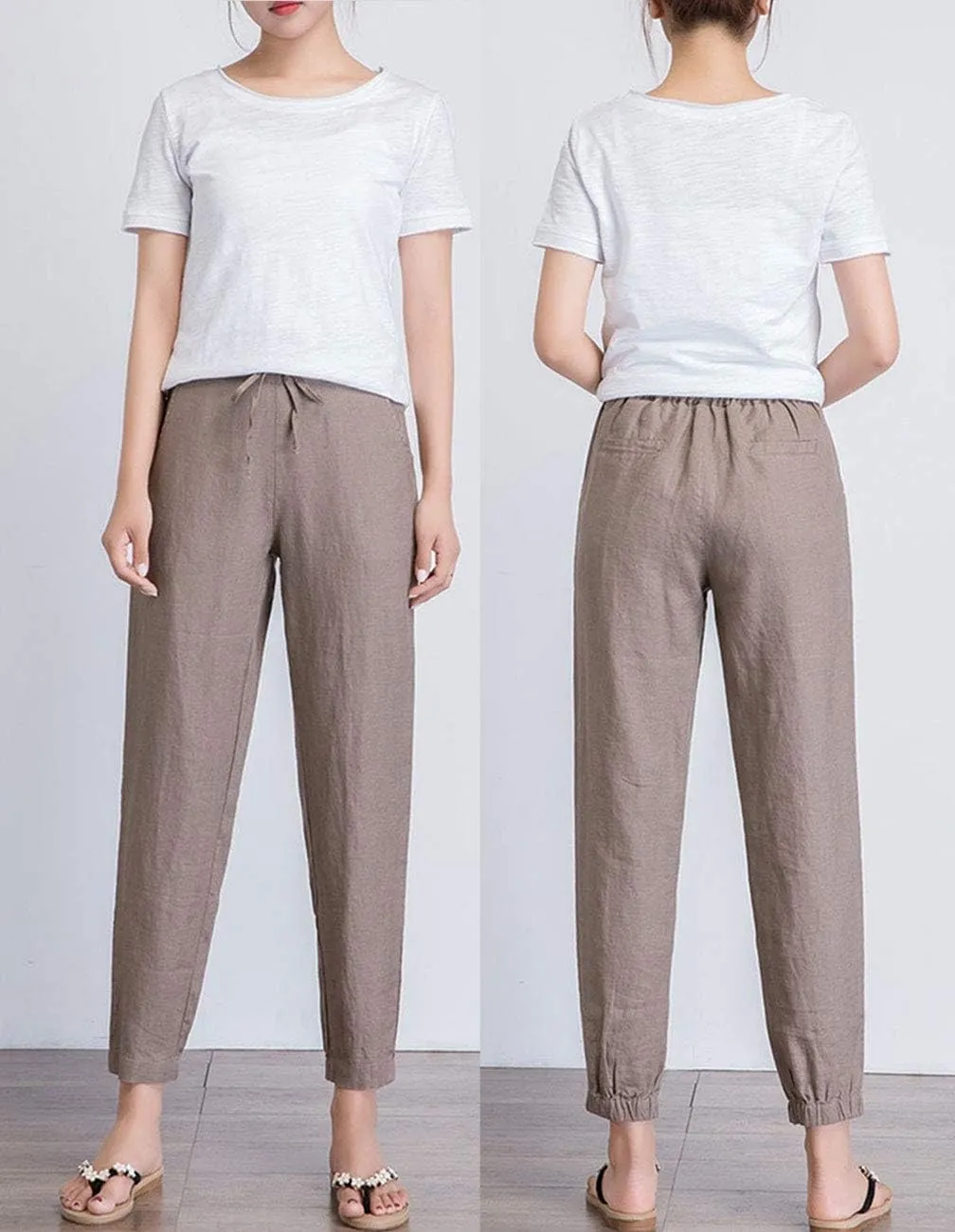 IXIMO Women's Tapered Pants 100% Linen Drawstring Back Elastic Waist Ankle Length Pants