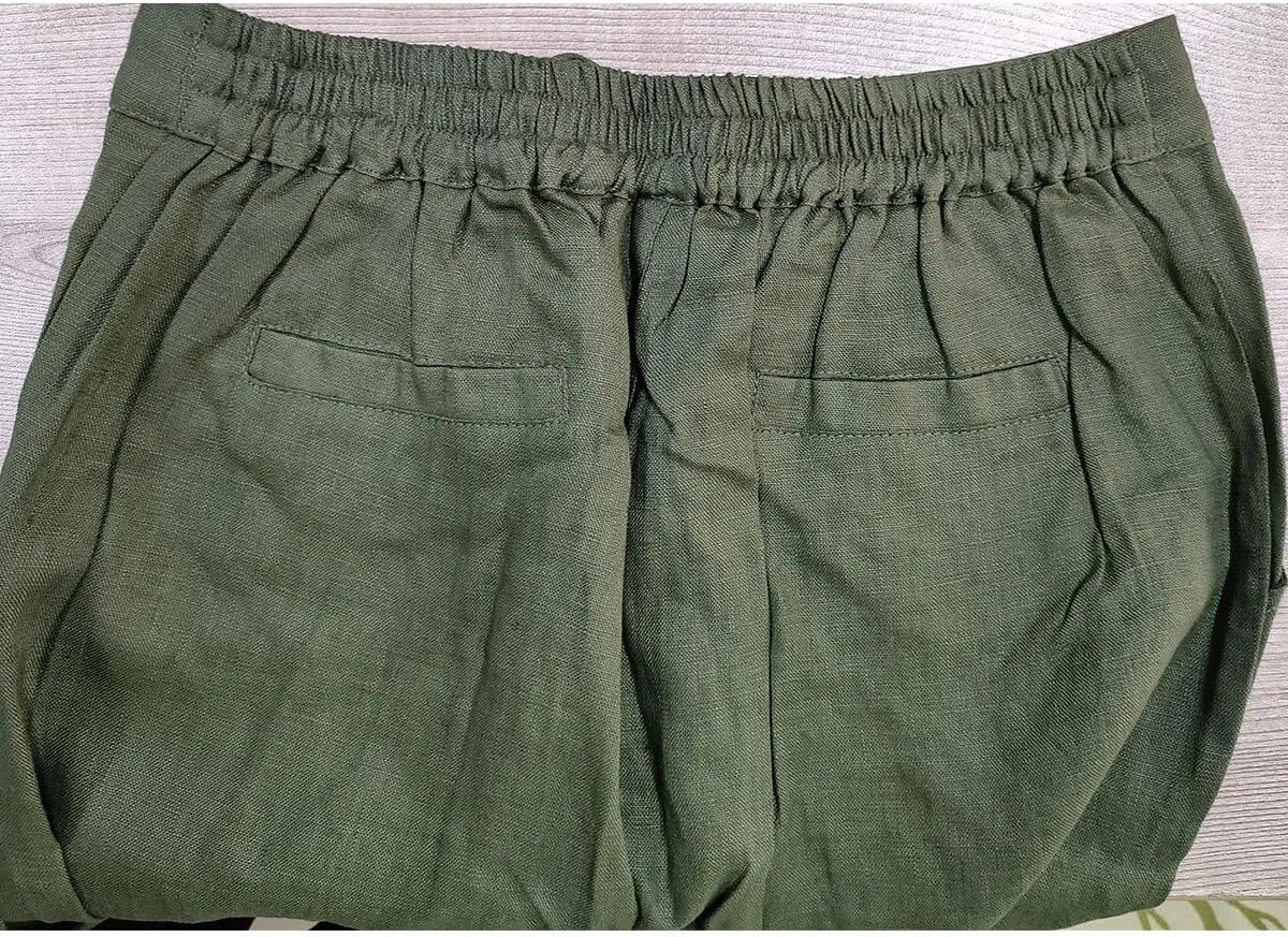 IXIMO Women's Tapered Pants 100% Linen Drawstring Back Elastic Waist Ankle Length Pants