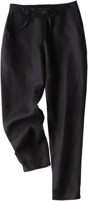 IXIMO Women's Tapered Pants 100% Linen Drawstring Back Elastic Waist Ankle Length Pants