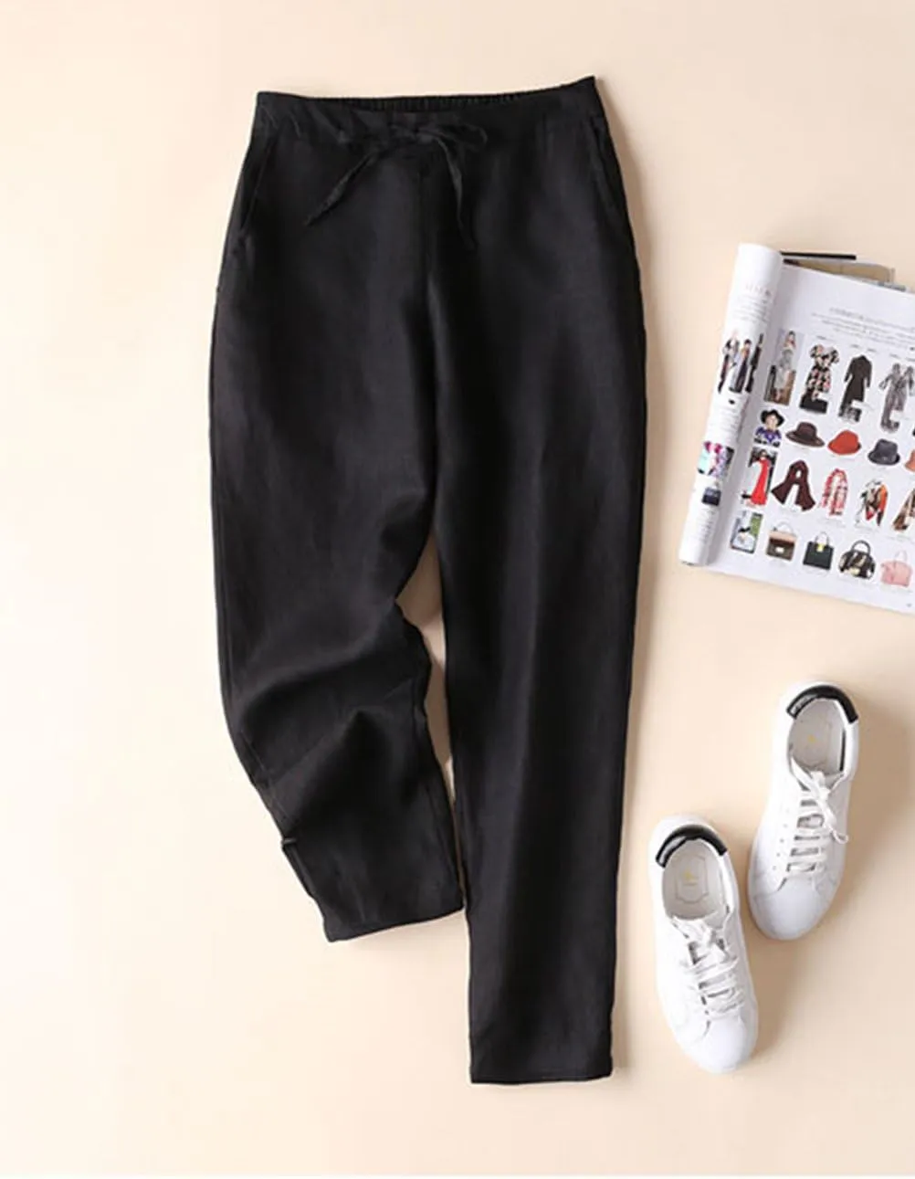IXIMO Women's Tapered Pants 100% Linen Drawstring Back Elastic Waist Ankle Length Pants