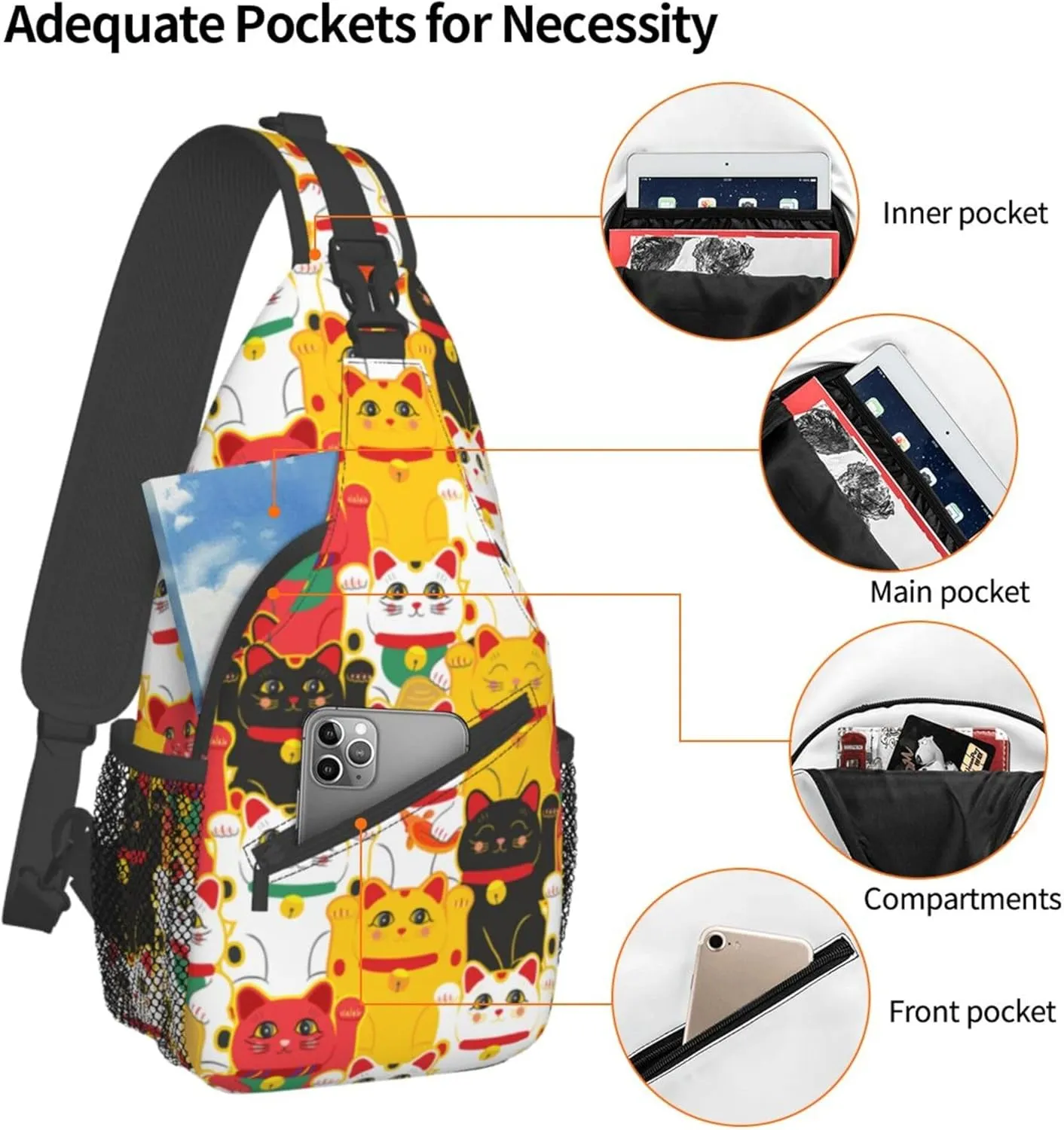 Japanese cute lucky cats Chest Shoulder Backpack Lightweight Sling Bag With Adjustable Strap Waterproof Sling Bags Shoulder Backpack