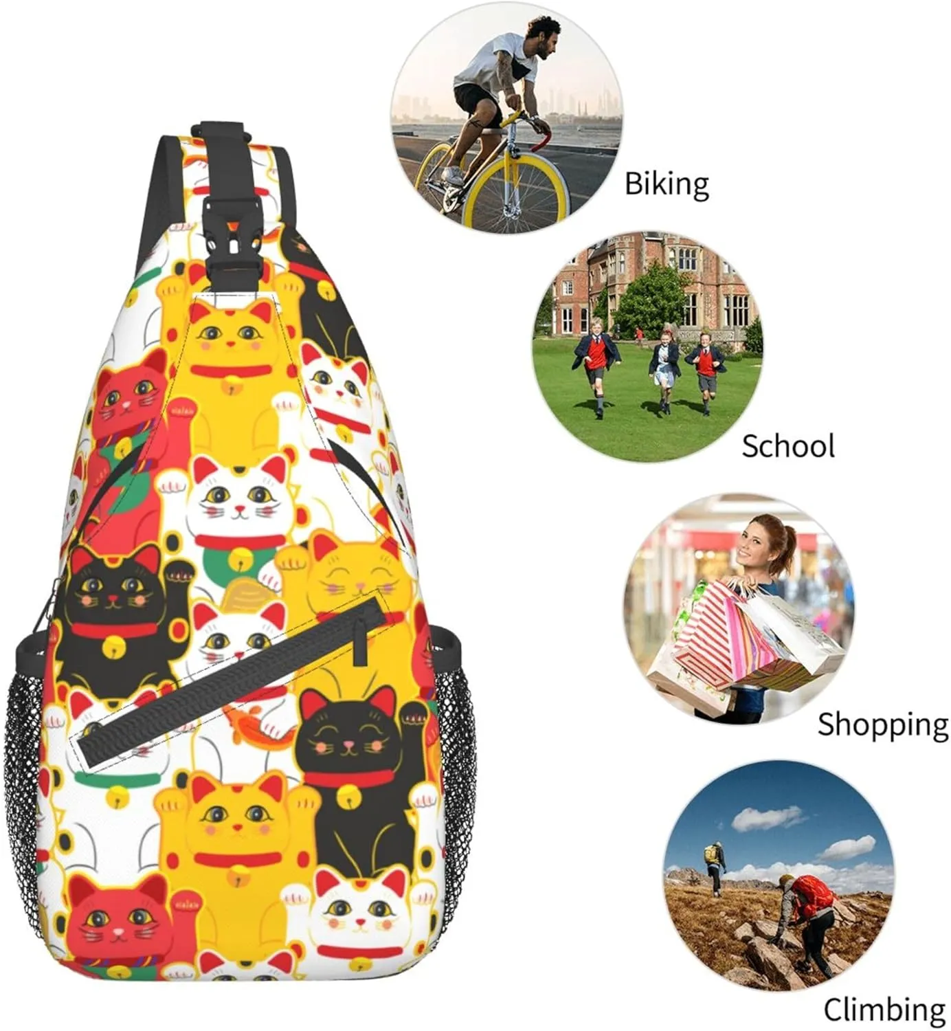 Japanese cute lucky cats Chest Shoulder Backpack Lightweight Sling Bag With Adjustable Strap Waterproof Sling Bags Shoulder Backpack