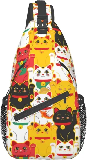 Japanese cute lucky cats Chest Shoulder Backpack Lightweight Sling Bag With Adjustable Strap Waterproof Sling Bags Shoulder Backpack