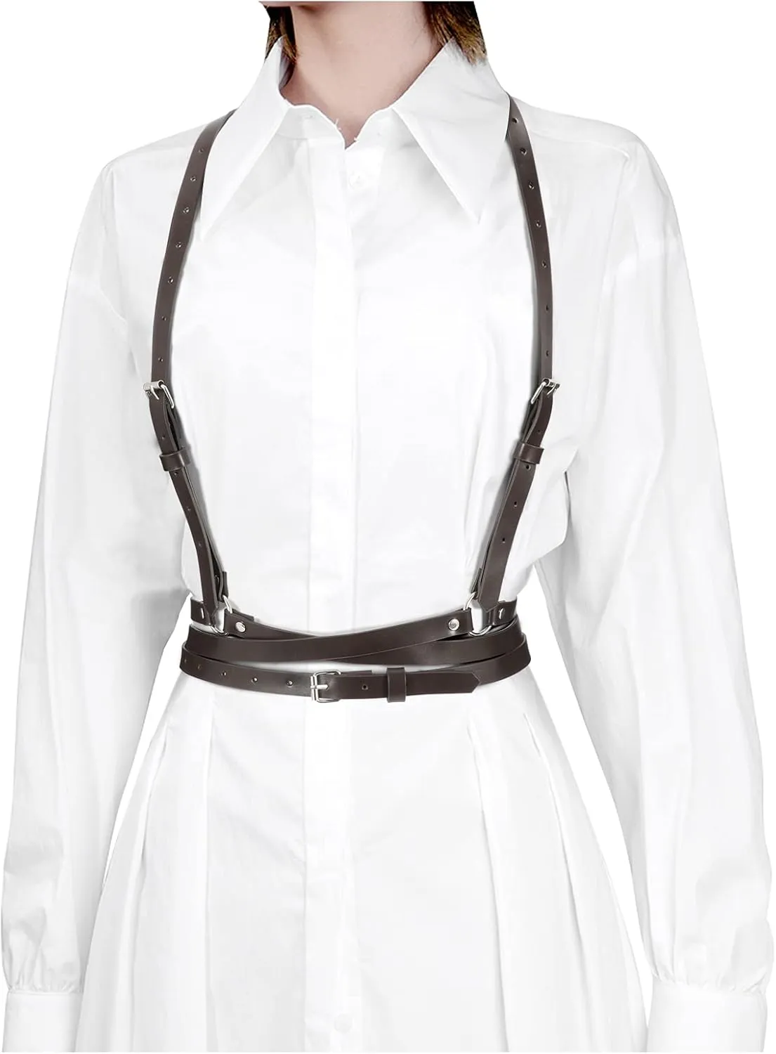 JASGOOD Punk Waist Belt Women PU Leather Skinny Body Adjustable Belts with Gothic Circle for Party