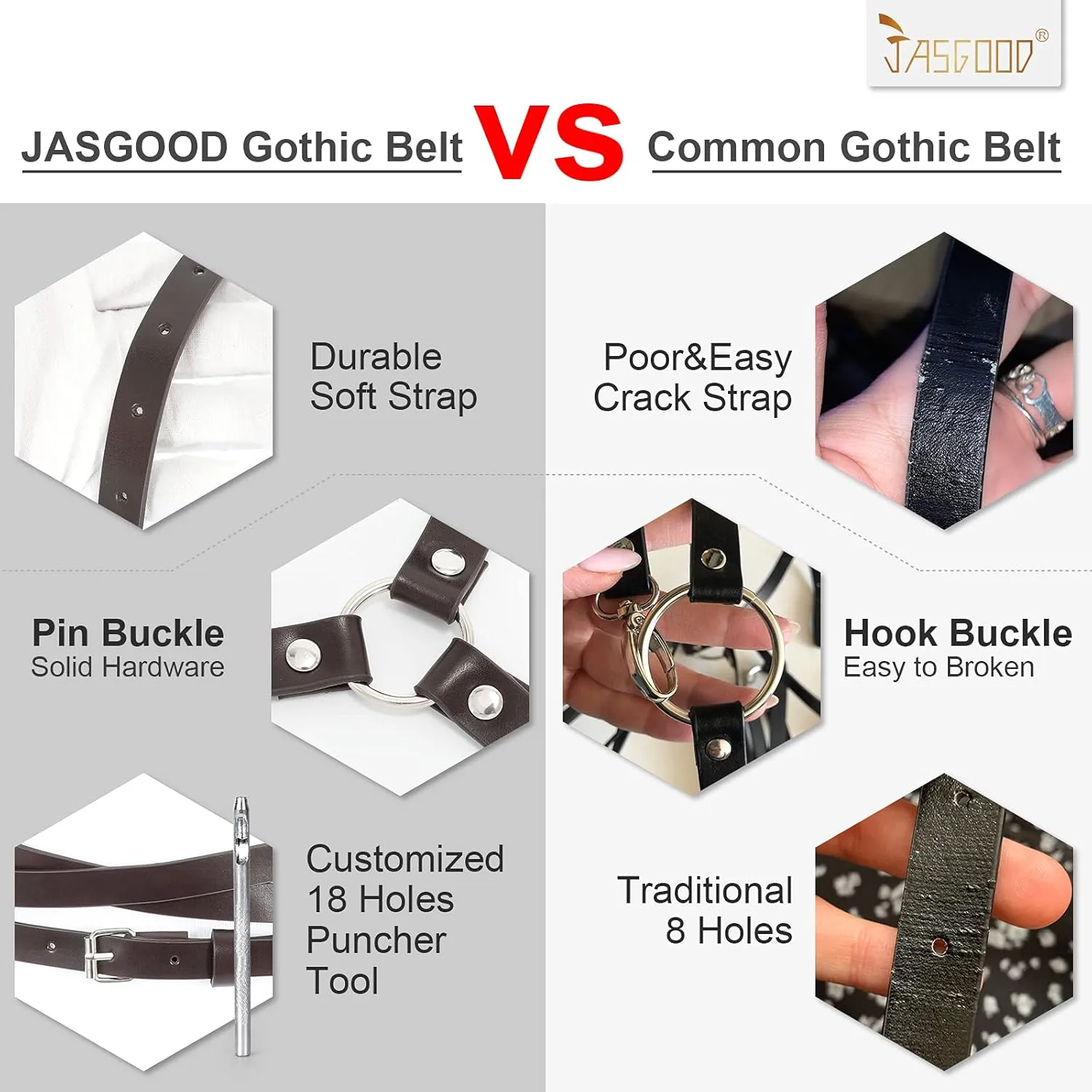 JASGOOD Punk Waist Belt Women PU Leather Skinny Body Adjustable Belts with Gothic Circle for Party
