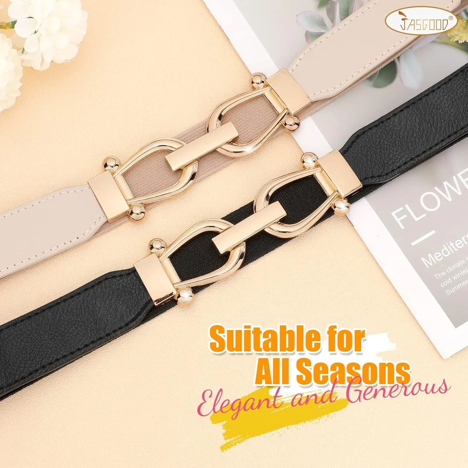 JASGOOD Women Stretchy Waist Belt Retro Elastic Skinny Belt for Ladies with Gold Buckle