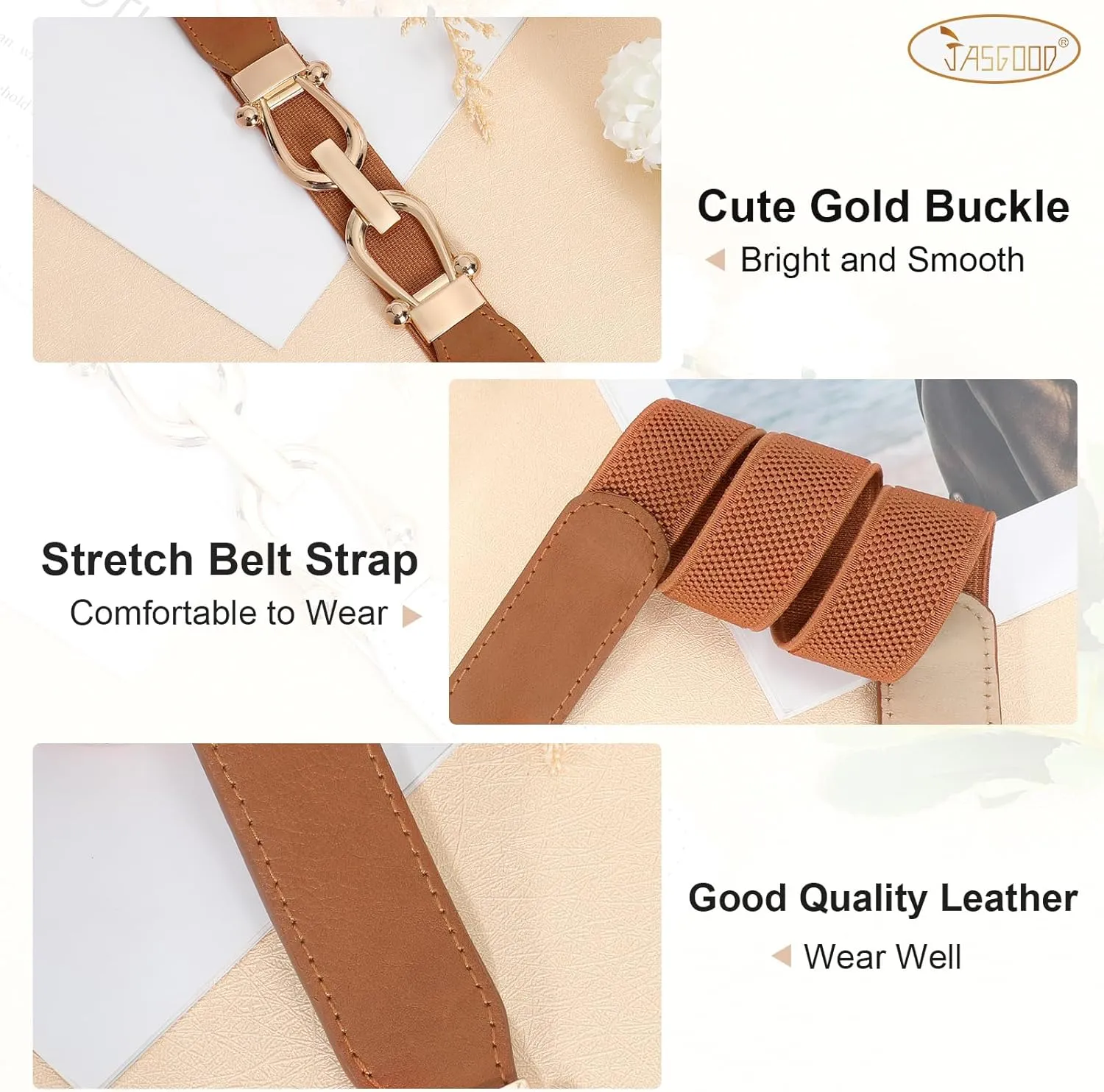 JASGOOD Women Stretchy Waist Belt Retro Elastic Skinny Belt for Ladies with Gold Buckle