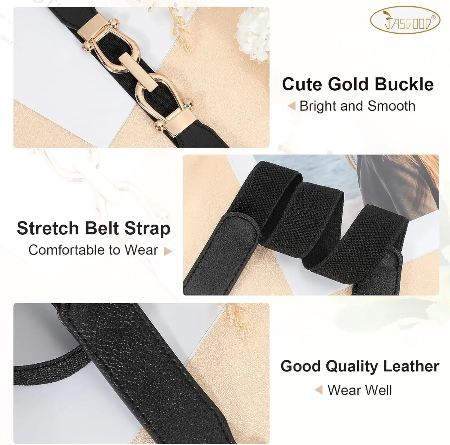 JASGOOD Women Stretchy Waist Belt Retro Elastic Skinny Belt for Ladies with Gold Buckle