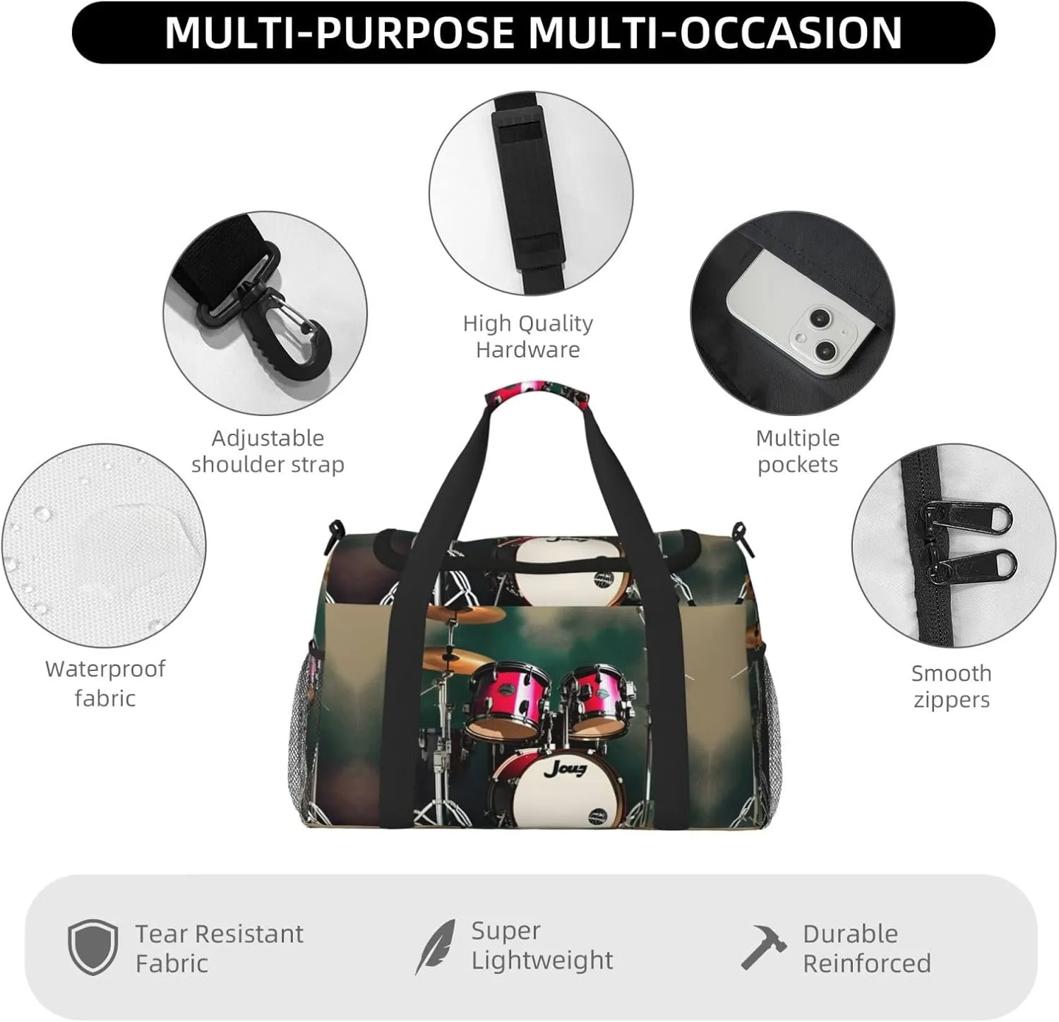 Jazz Drum Travel Bag, Weekender Bags For Women Men For Outdoor Adventures, Ideal For Camping And Hiking
