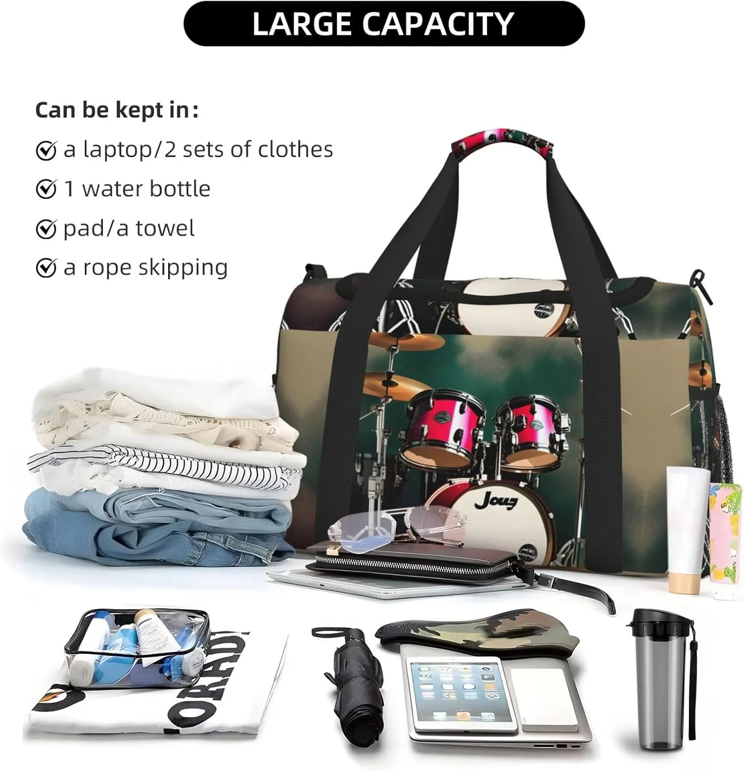 Jazz Drum Travel Bag, Weekender Bags For Women Men For Outdoor Adventures, Ideal For Camping And Hiking