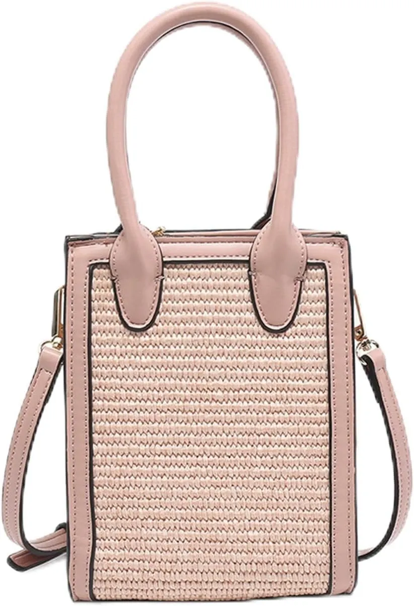 JEN & CO. Fauna Satchel Belt Style Adjustable Strap Straw/Vegan Leather Crossbody Handbag Purse
