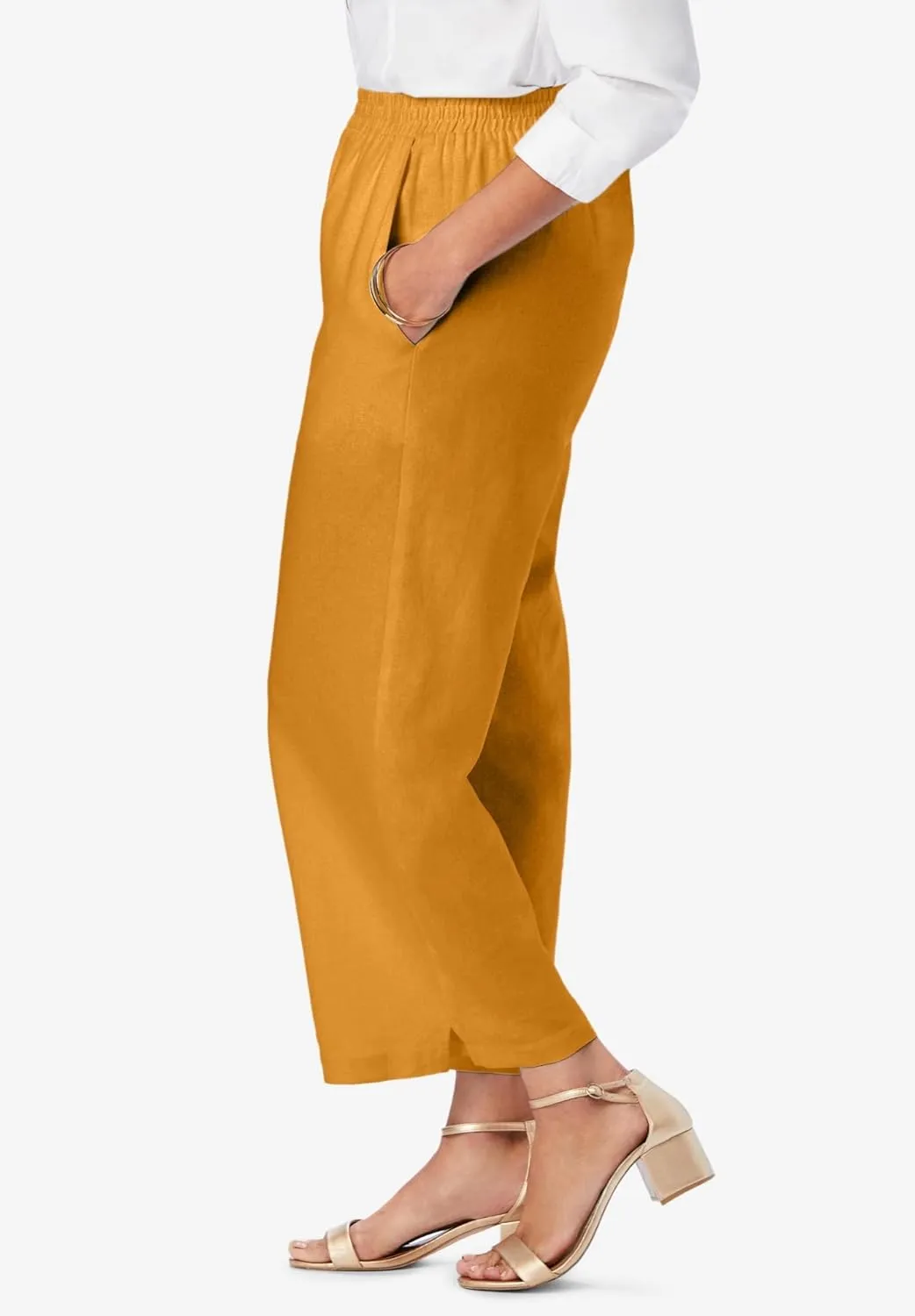 Jessica London Women's Plus Size Wide Leg Linen Crop Pants Elastic Waist