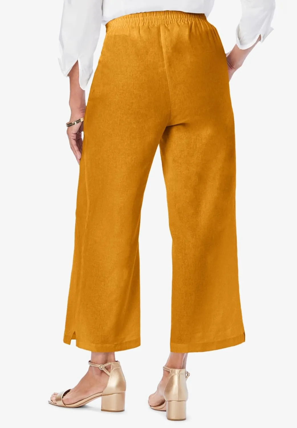 Jessica London Women's Plus Size Wide Leg Linen Crop Pants Elastic Waist