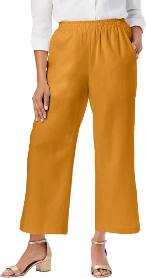 Jessica London Women's Plus Size Wide Leg Linen Crop Pants Elastic Waist