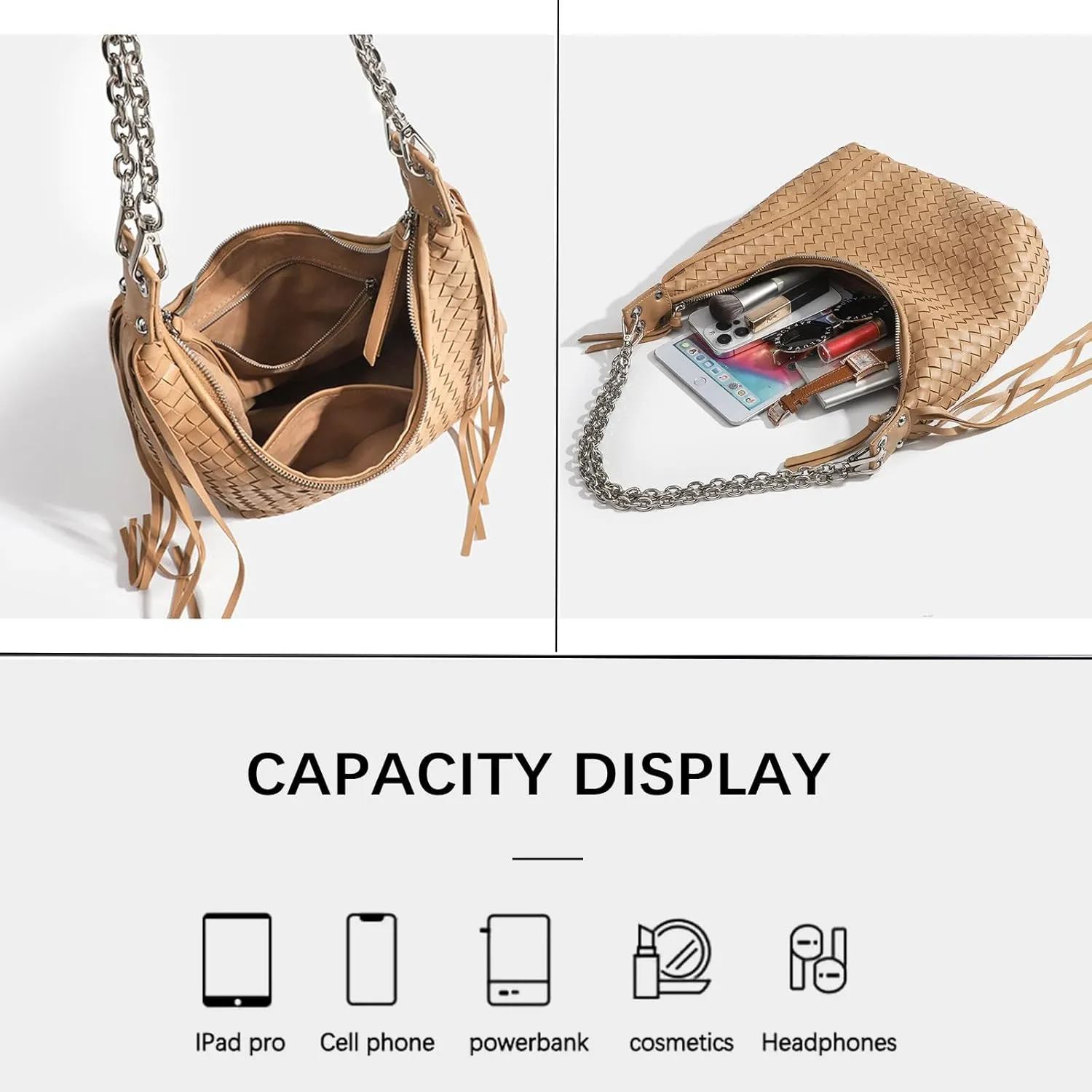 JINMANXUE Fringe Hobo Bag - Retro Handmade Woven Tote Bag for Women, Travel Shoulder Handbag