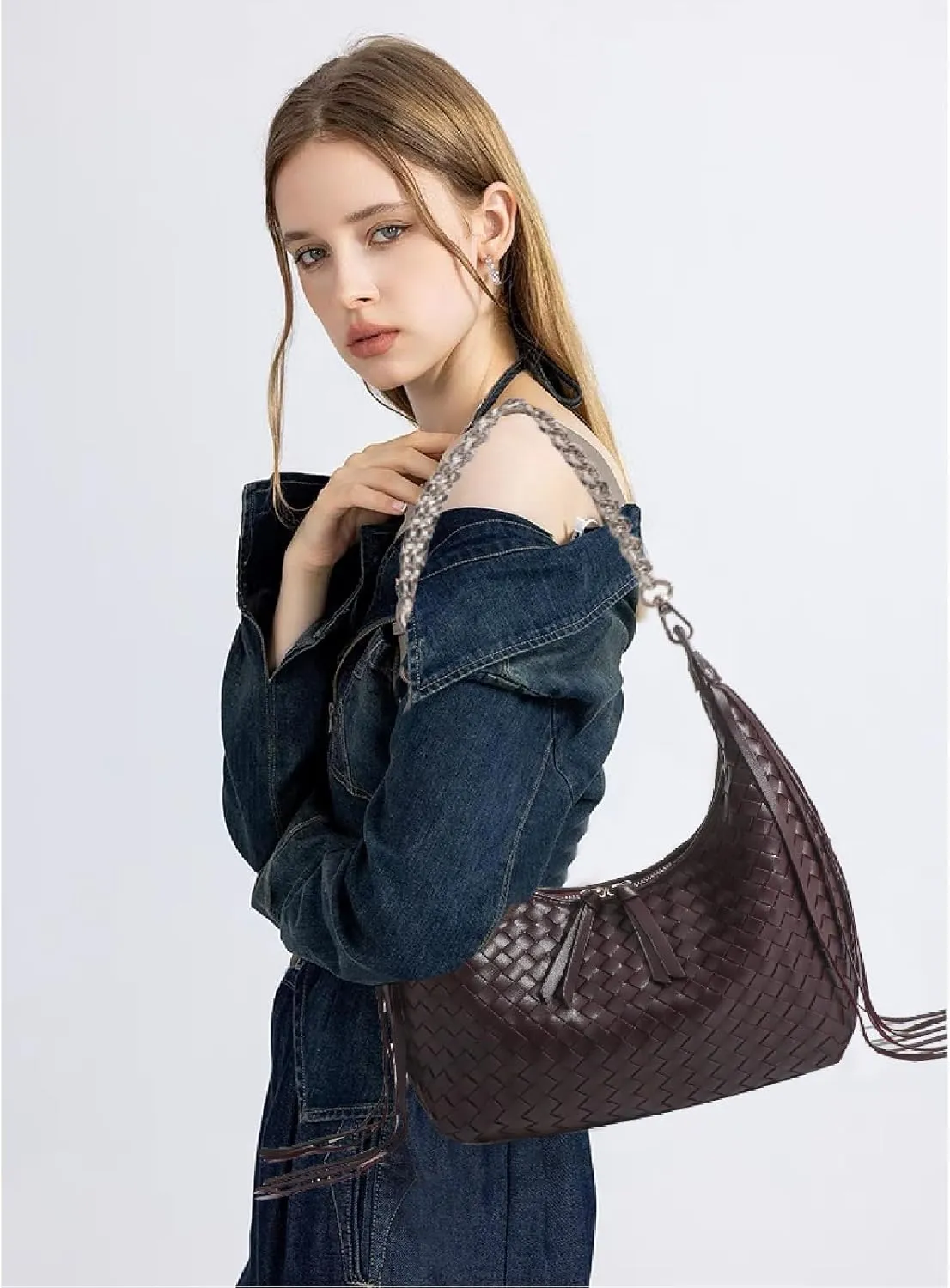JINMANXUE Fringe Hobo Bag - Retro Handmade Woven Tote Bag for Women, Travel Shoulder Handbag