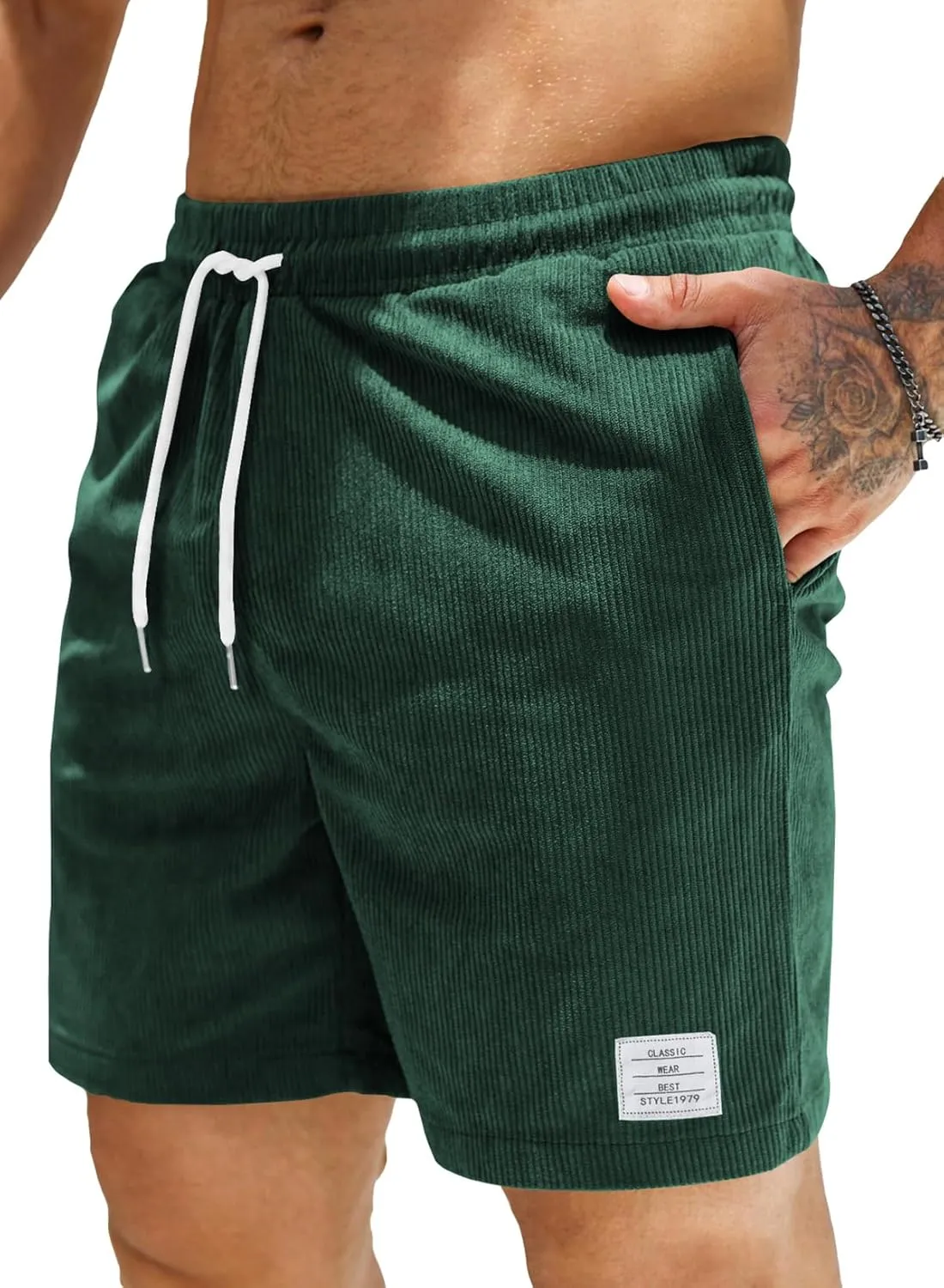 JMIERR Men's Corduroy Shorts Casual Elastic Waist Drawstring Lightweight Summer Beach Shorts