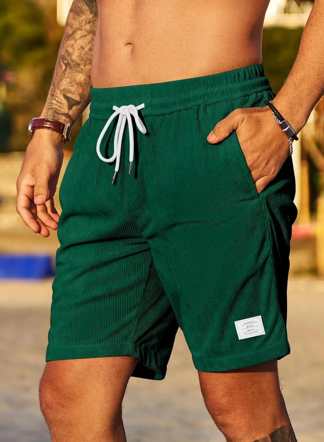 JMIERR Men's Corduroy Shorts Casual Elastic Waist Drawstring Lightweight Summer Beach Shorts