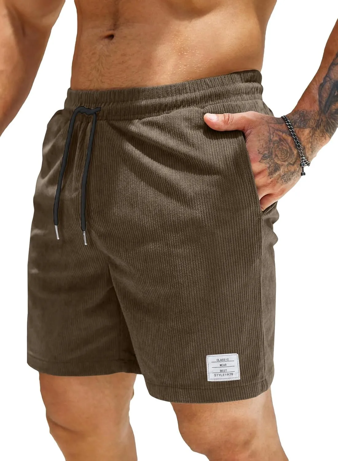 JMIERR Men's Corduroy Shorts Casual Elastic Waist Drawstring Lightweight Summer Beach Shorts