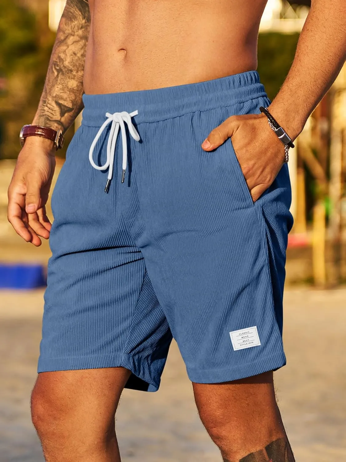 JMIERR Men's Corduroy Shorts Casual Elastic Waist Drawstring Lightweight Summer Beach Shorts