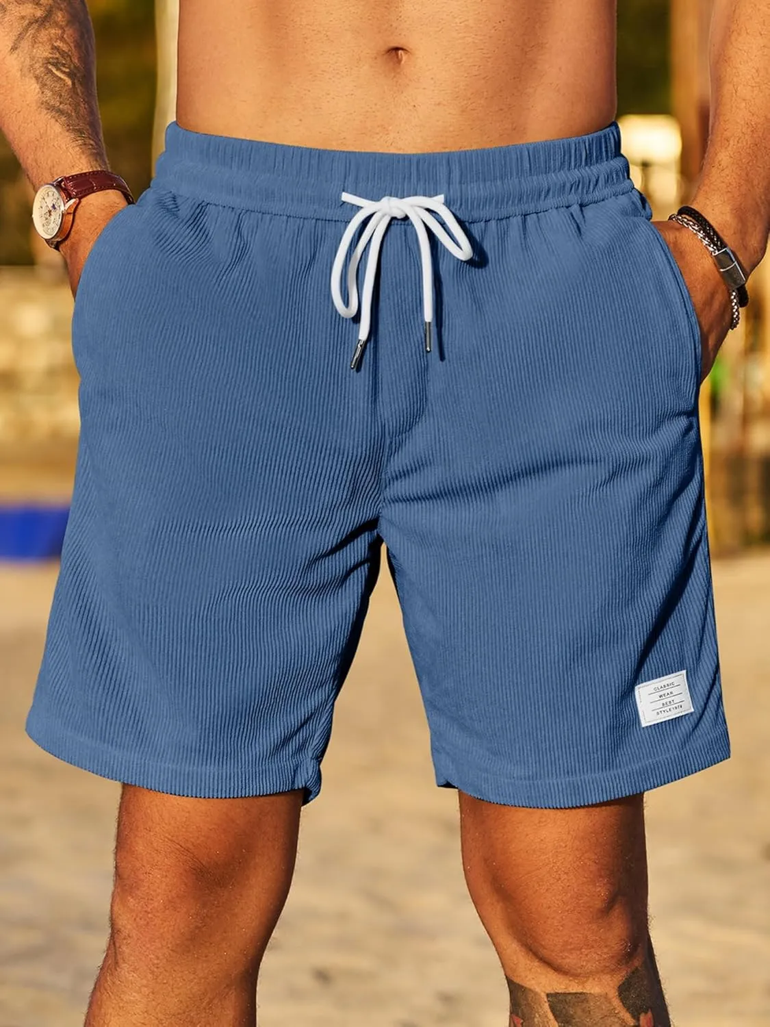 JMIERR Men's Corduroy Shorts Casual Elastic Waist Drawstring Lightweight Summer Beach Shorts