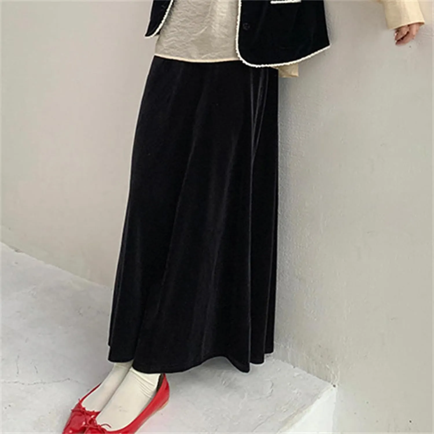 Joe Wenko Womens Elastic High Waist Long Maxi Velvet Skirt