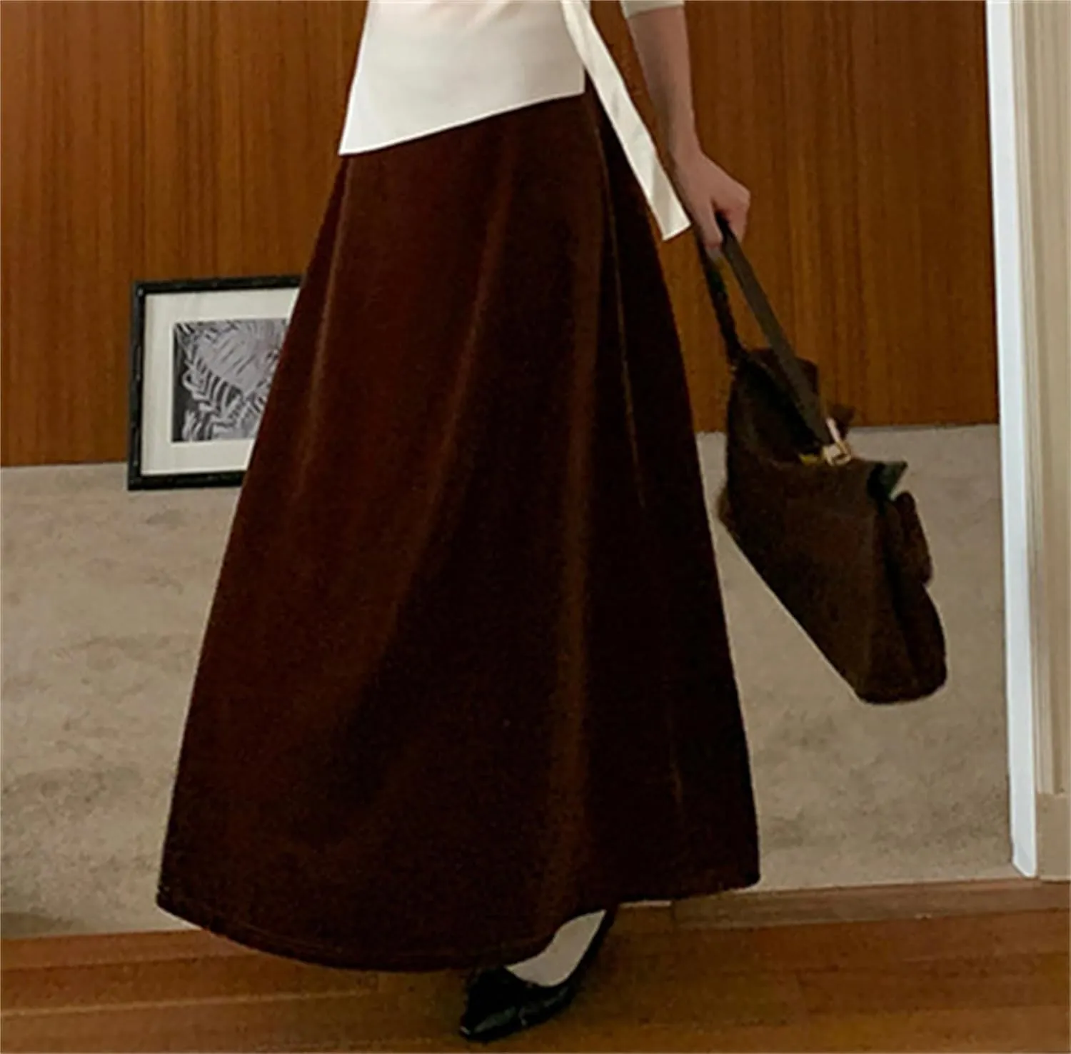 Joe Wenko Womens Elastic High Waist Long Maxi Velvet Skirt