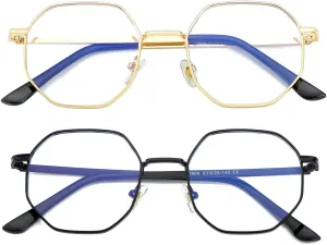 JOVAKIT Polygon Blue Light Blocking Glasses for Women Men Vintage Octagon Square Non-prescription Metal Eyeglasses