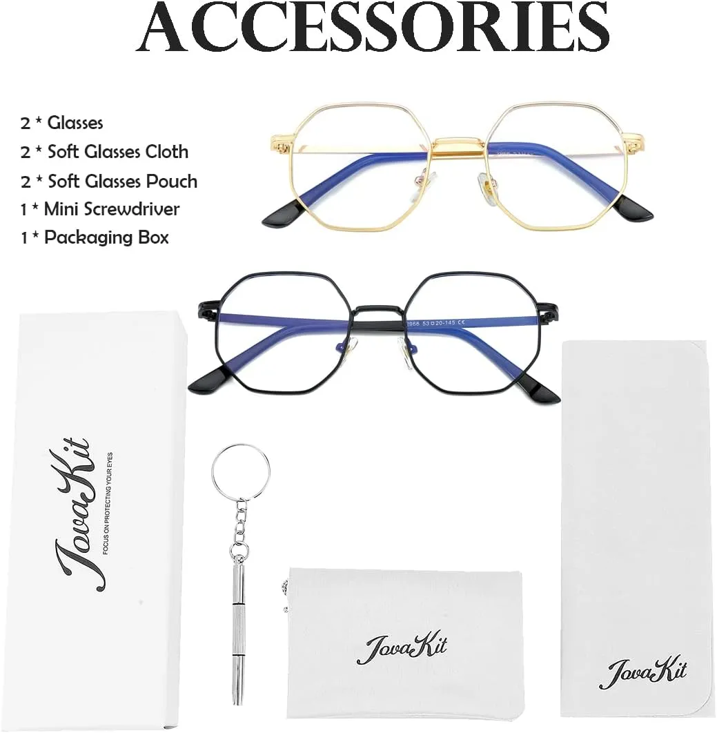 JOVAKIT Polygon Blue Light Blocking Glasses for Women Men Vintage Octagon Square Non-prescription Metal Eyeglasses