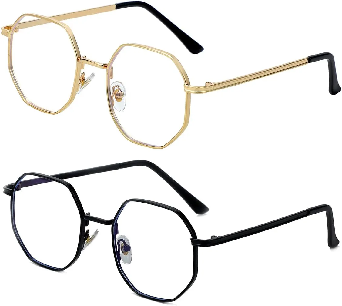 JOVAKIT Polygon Blue Light Blocking Glasses for Women Men Vintage Octagon Square Non-prescription Metal Eyeglasses