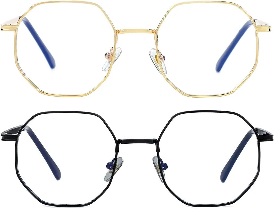 JOVAKIT Polygon Blue Light Blocking Glasses for Women Men Vintage Octagon Square Non-prescription Metal Eyeglasses