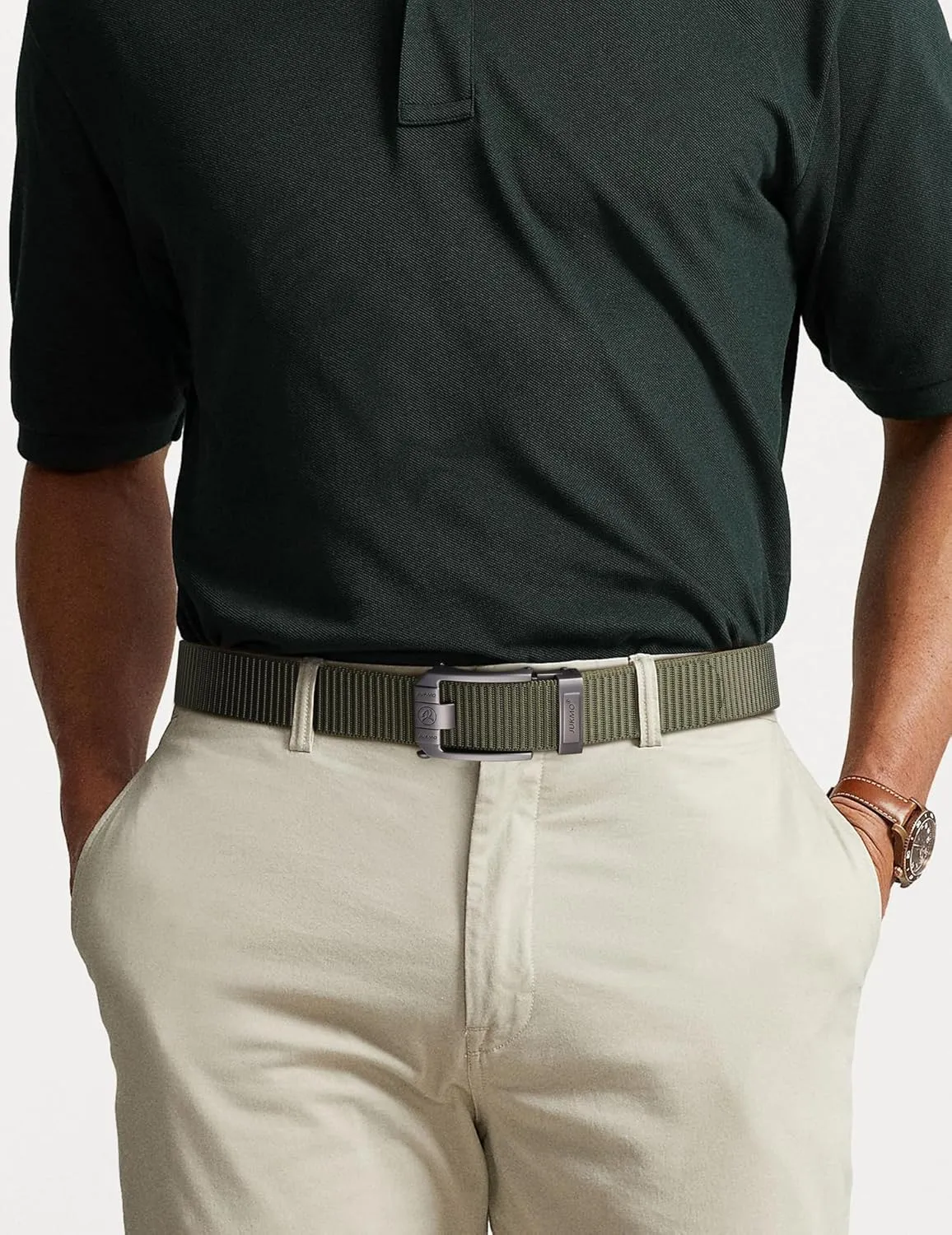 JUKMO Ratchet Belt for Men, Nylon Web Tactical Belt with Automatic Slide Buckle, Adjustable Trim to Fit