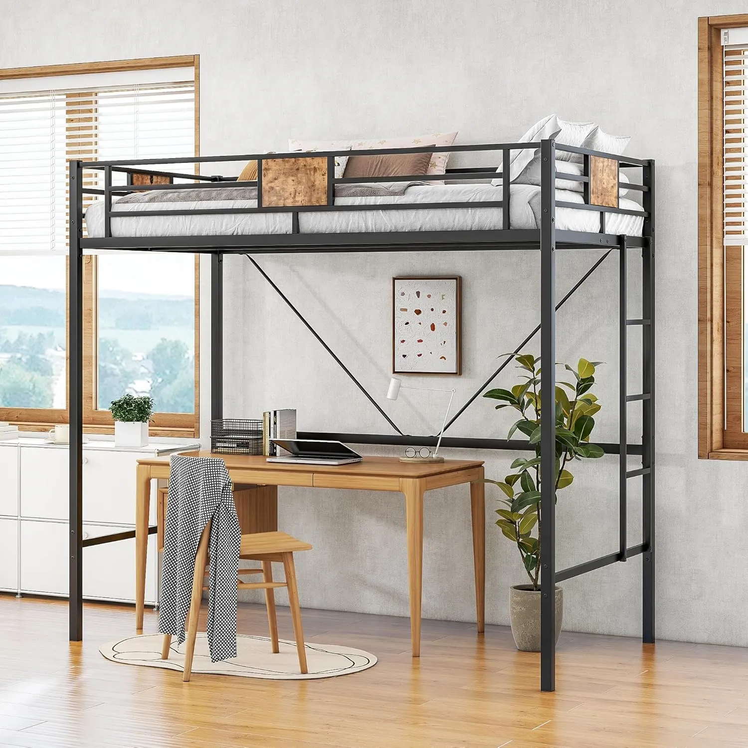 JURMERRY Metal Twin Loft Bed Frame with Stairs & Full-Length Guardrail, Black
