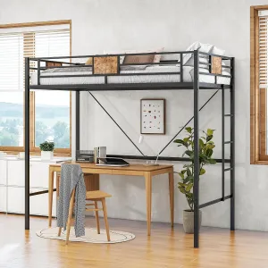 JURMERRY Metal Twin Loft Bed Frame with Stairs & Full-Length Guardrail, Black