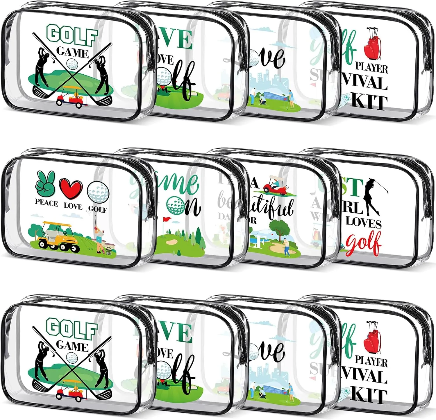Kacctyen 12 Pcs Cosmetic Bags 7 x 4.7 x 2.4 Inch Makeup Bag Toiletry Pouch for Women Purse Clear PVC Cheer Case Toiletry Zipper Pouch Bulk Gifts Accessories for Women Team Party(Golf)