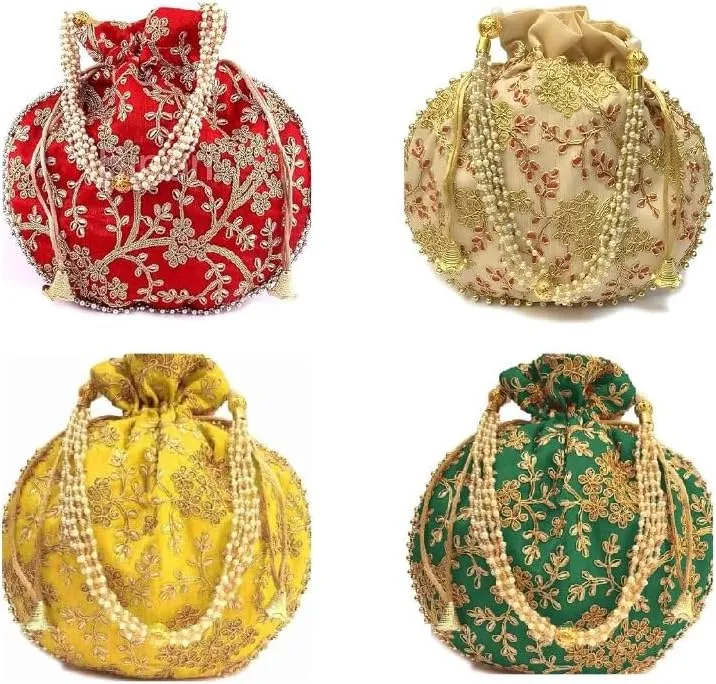 Kalakriti Pack of 4 IndiaDesigner Embroidered Silk Potli Bag Batwa Pearls Handle Purse Clutch Purse for Women