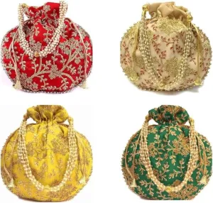 Kalakriti Pack of 4 IndiaDesigner Embroidered Silk Potli Bag Batwa Pearls Handle Purse Clutch Purse for Women