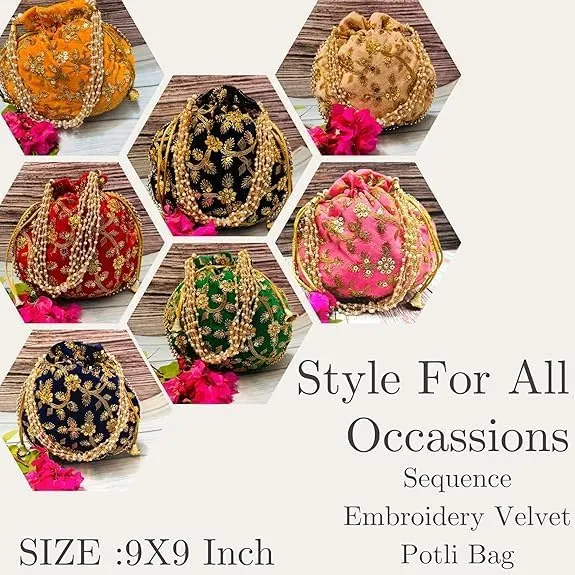 Kalakriti Pack of 4 IndiaDesigner Embroidered Silk Potli Bag Batwa Pearls Handle Purse Clutch Purse for Women