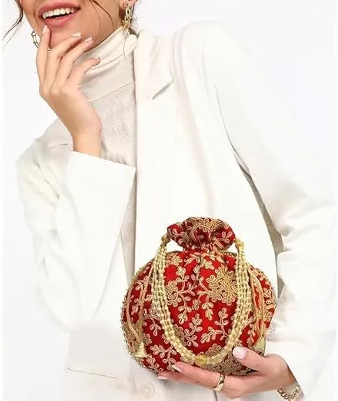 Kalakriti Pack of 4 IndiaDesigner Embroidered Silk Potli Bag Batwa Pearls Handle Purse Clutch Purse for Women