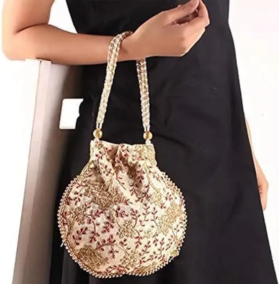 Kalakriti Pack of 4 IndiaDesigner Embroidered Silk Potli Bag Batwa Pearls Handle Purse Clutch Purse for Women
