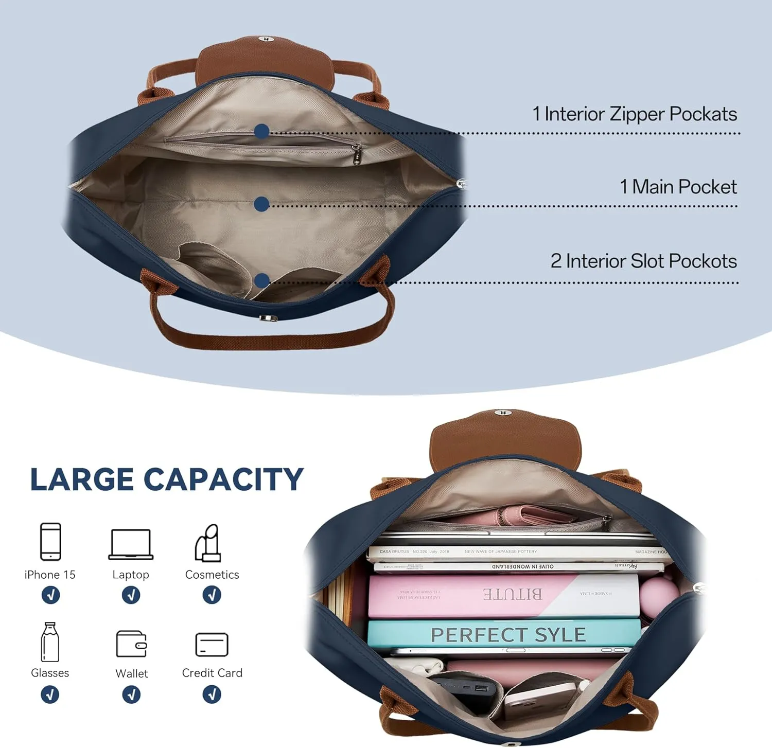 KALIDI Tote Bag for Women Nylon Top-Handle Purse,Shoulder Hobo Handbag with Zipper Leisure Foldable Weekend