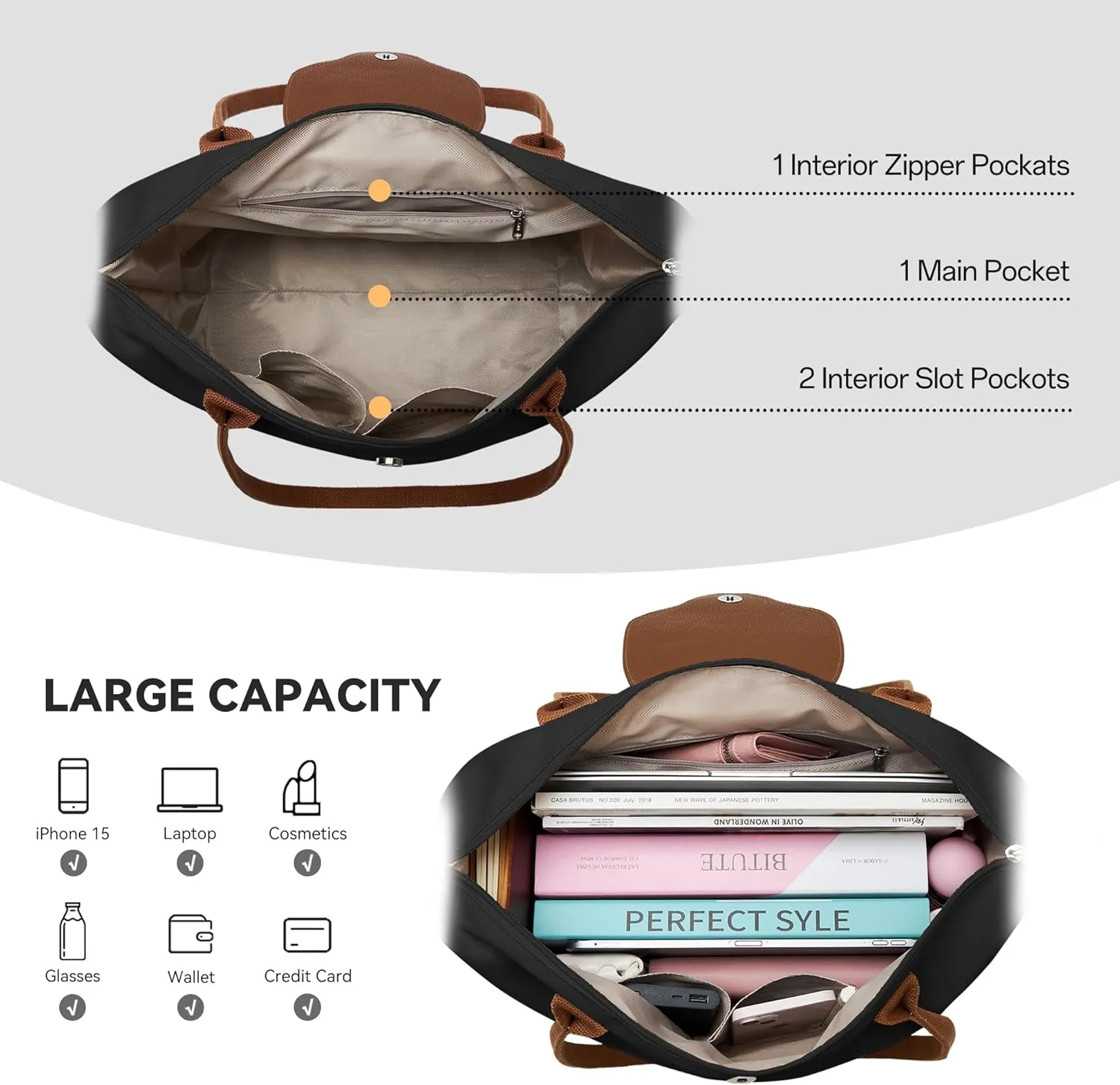 KALIDI Tote Bag for Women Nylon Top-Handle Purse,Shoulder Hobo Handbag with Zipper Leisure Foldable Weekend
