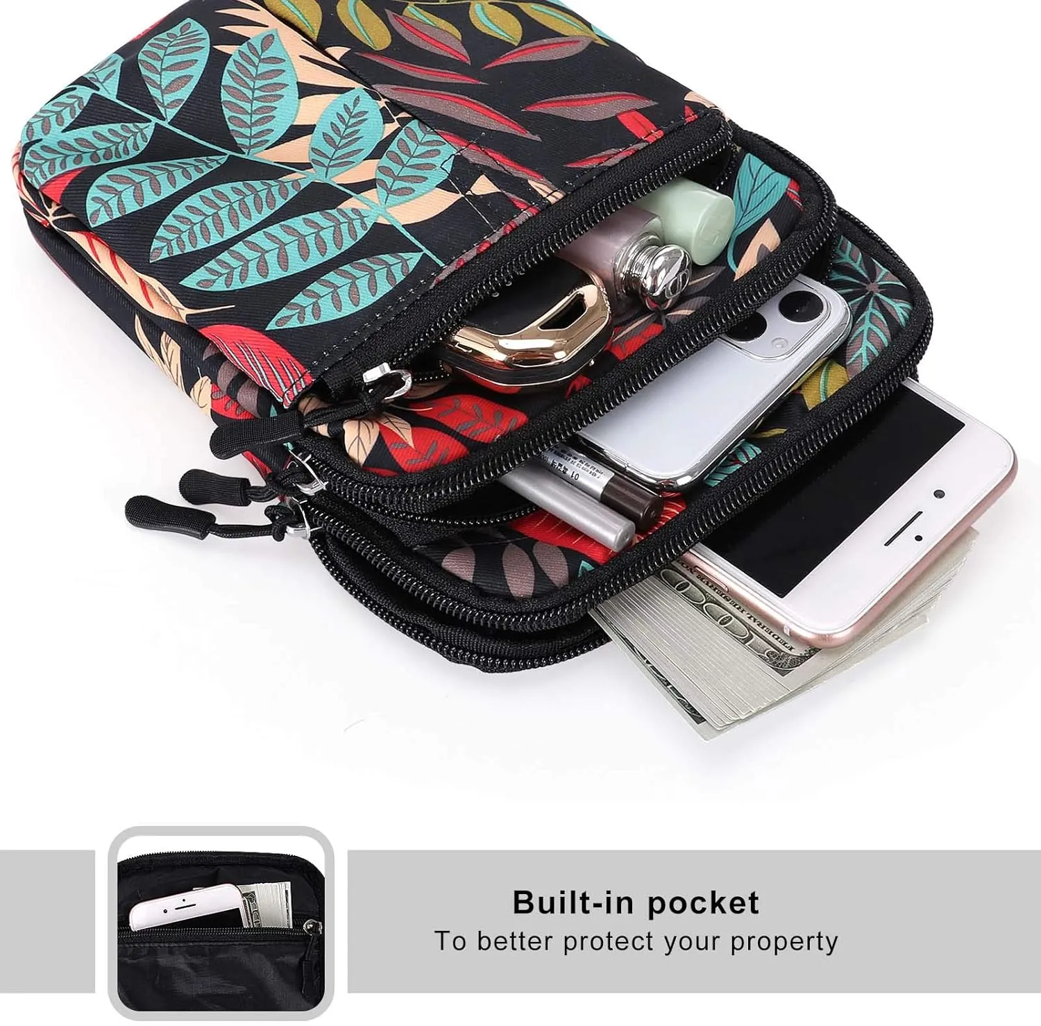 KAMO Multifunction Phone Bag One Shoulder Phone Waist Bag Diagonal Cross Bag Smart Phone Case Outdoor Bag Triple Zip Hipster Crossbody Purse for Women & Men Maple leaf
