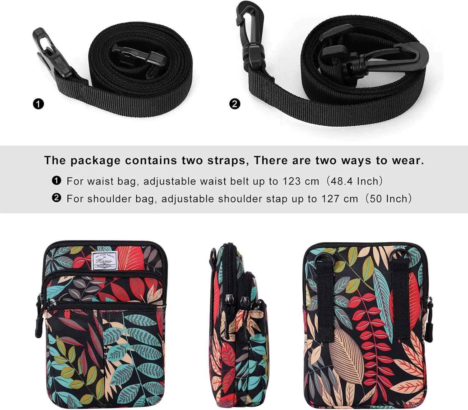 KAMO Multifunction Phone Bag One Shoulder Phone Waist Bag Diagonal Cross Bag Smart Phone Case Outdoor Bag Triple Zip Hipster Crossbody Purse for Women & Men Maple leaf