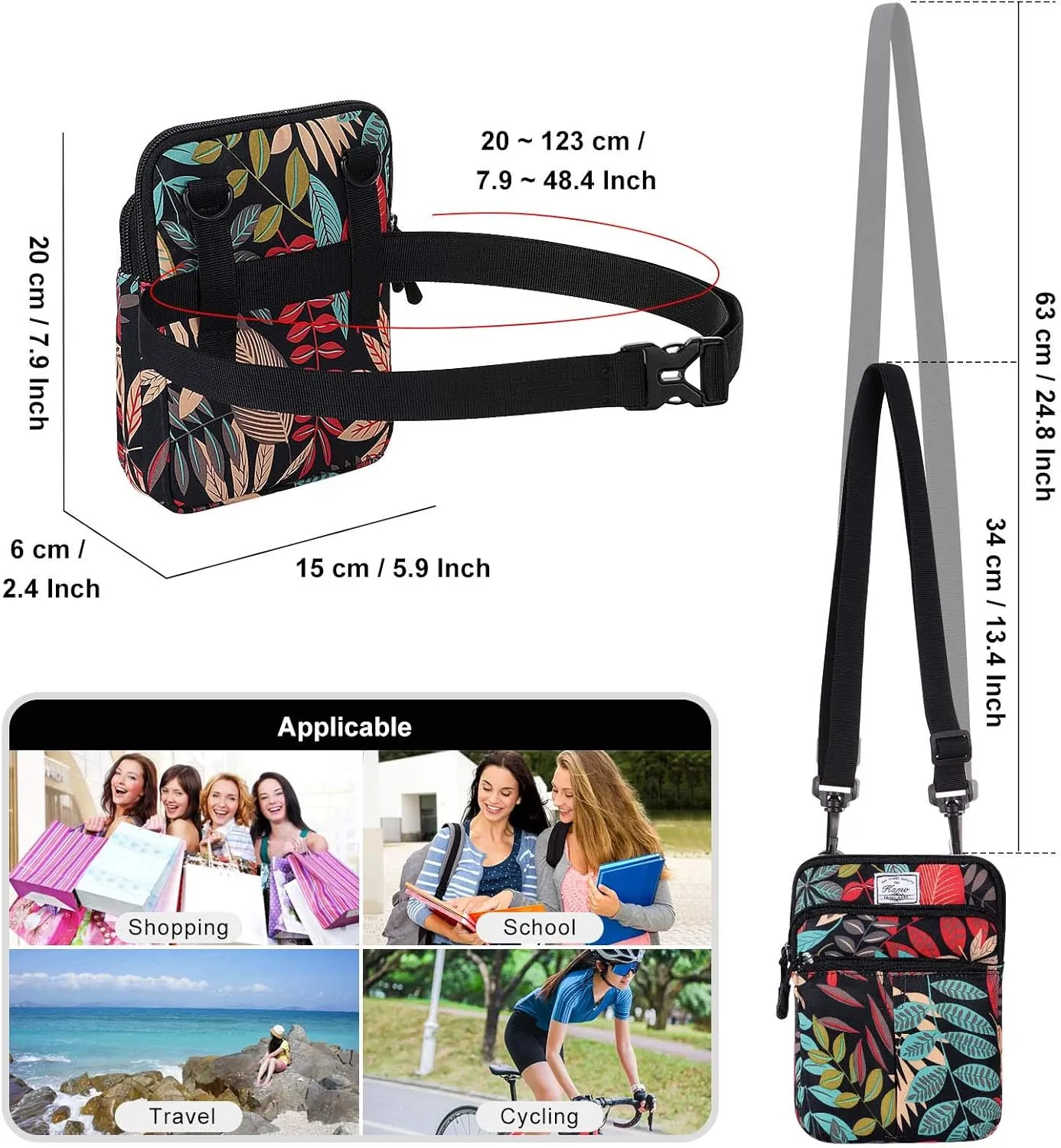 KAMO Multifunction Phone Bag One Shoulder Phone Waist Bag Diagonal Cross Bag Smart Phone Case Outdoor Bag Triple Zip Hipster Crossbody Purse for Women & Men Maple leaf